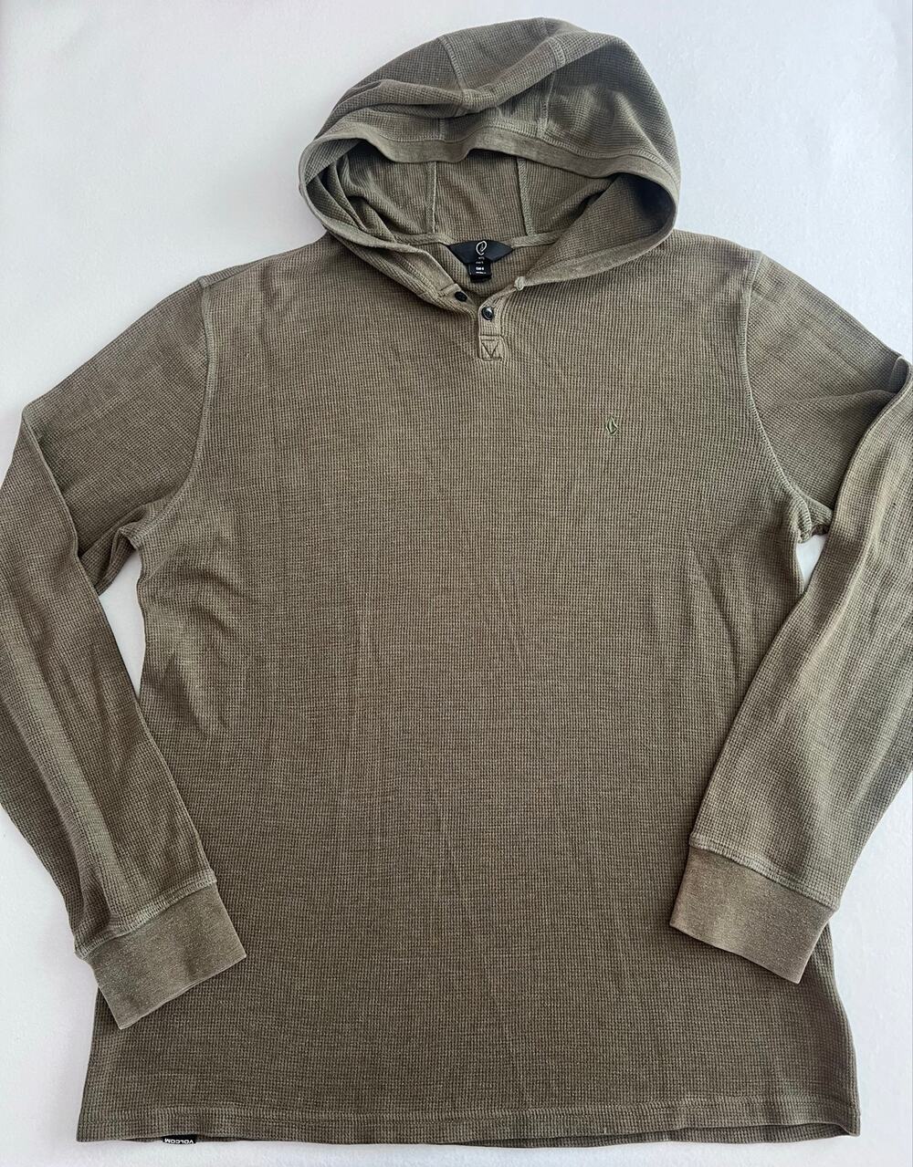 Volcom Mens L Olive Waffle Knit Thermal Henley Hoodie Skate Surf Grunge